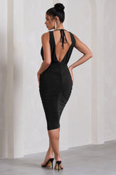 Black Ruched Plunge Sleeveless Midi Dress